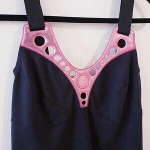 RARE Vintage CYBERDOG dress in black jersey with a neon pink plastic bib.